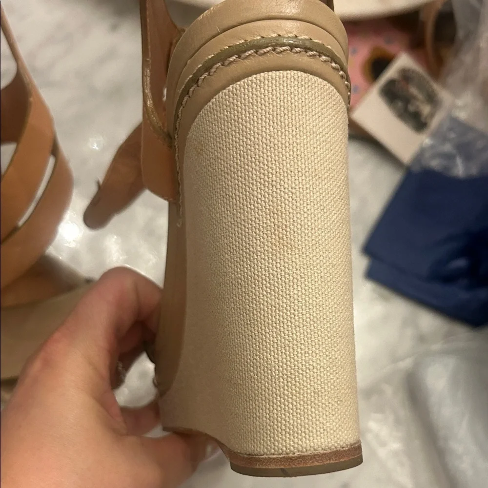 Chloe Leather Beige and Tan Wedge Sandals Sz 37 1/2